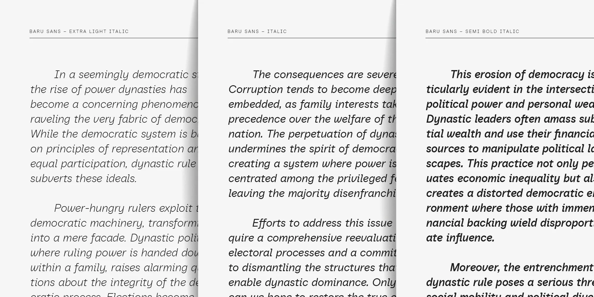 Comparison of different font weights and italics in an editorial magazine layout featuring Baru Sans modern font