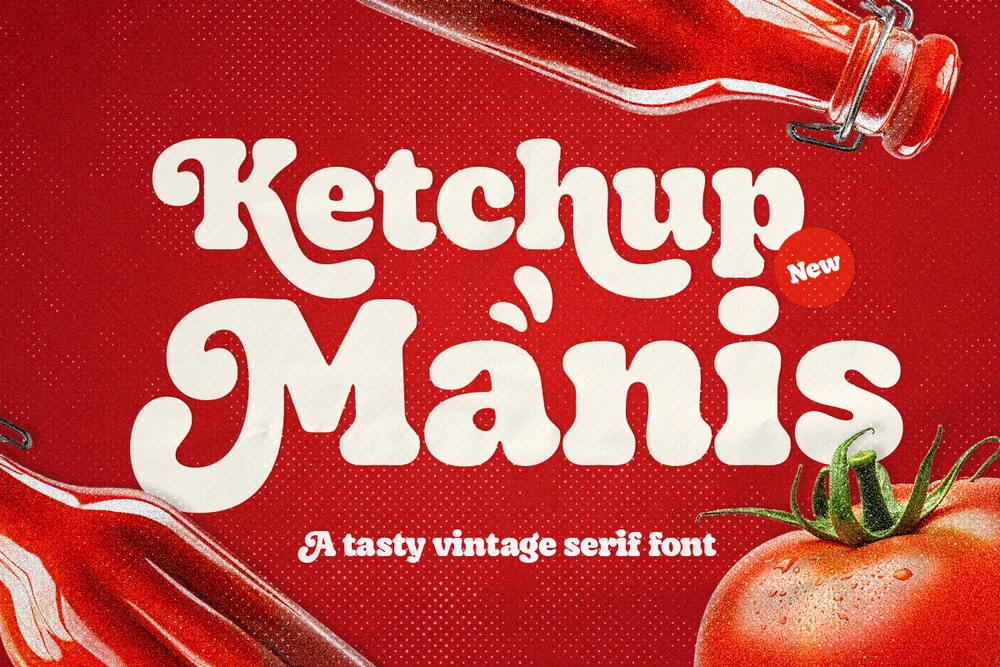 Ketchup Manis bold vintage serif font displayed on a premium branding mockup