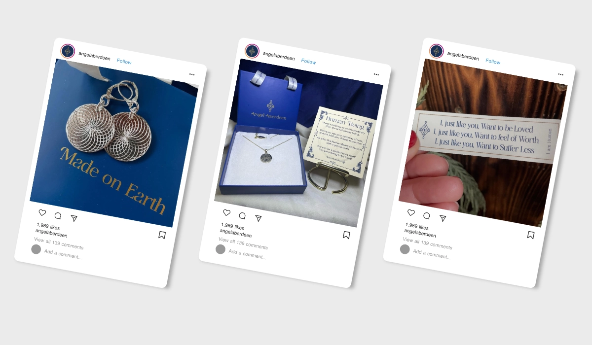 Three Instagram post mockups showcasing jewelry packaging and inspirational quotes featuring Ethereal font in use