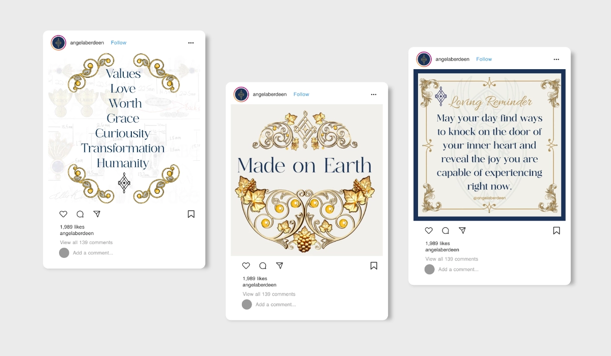 A collection of Instagram Reel covers with gold ornaments and spiritual typography featuring Ethereal font in use