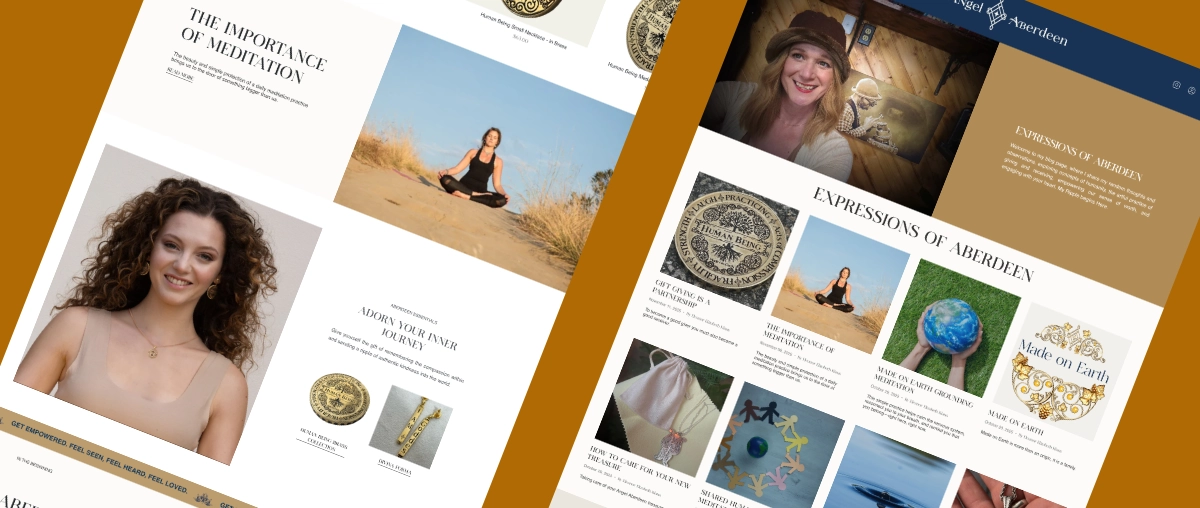 A website interface mockup for a jewelry brand showing blog posts and product collections featuring Ethereal font in use