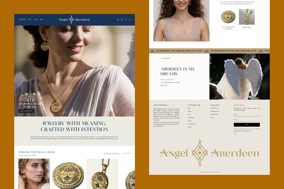 Full website homepage design for Angel Aberdeen jewelry featuring elegant hero banners and product displays featuring Ethereal font in use