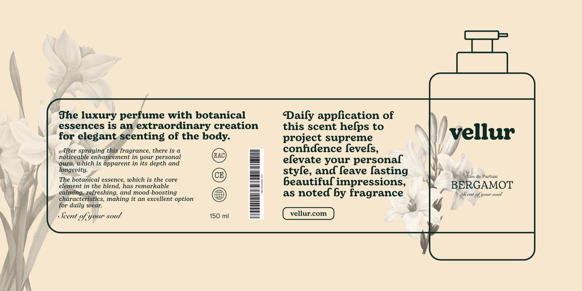 A luxury perfume packaging label design for a brand named Vellur, utilizing the Bagio font for the product description and branding, decorated with botanical lily illustrations on a soft beige background.