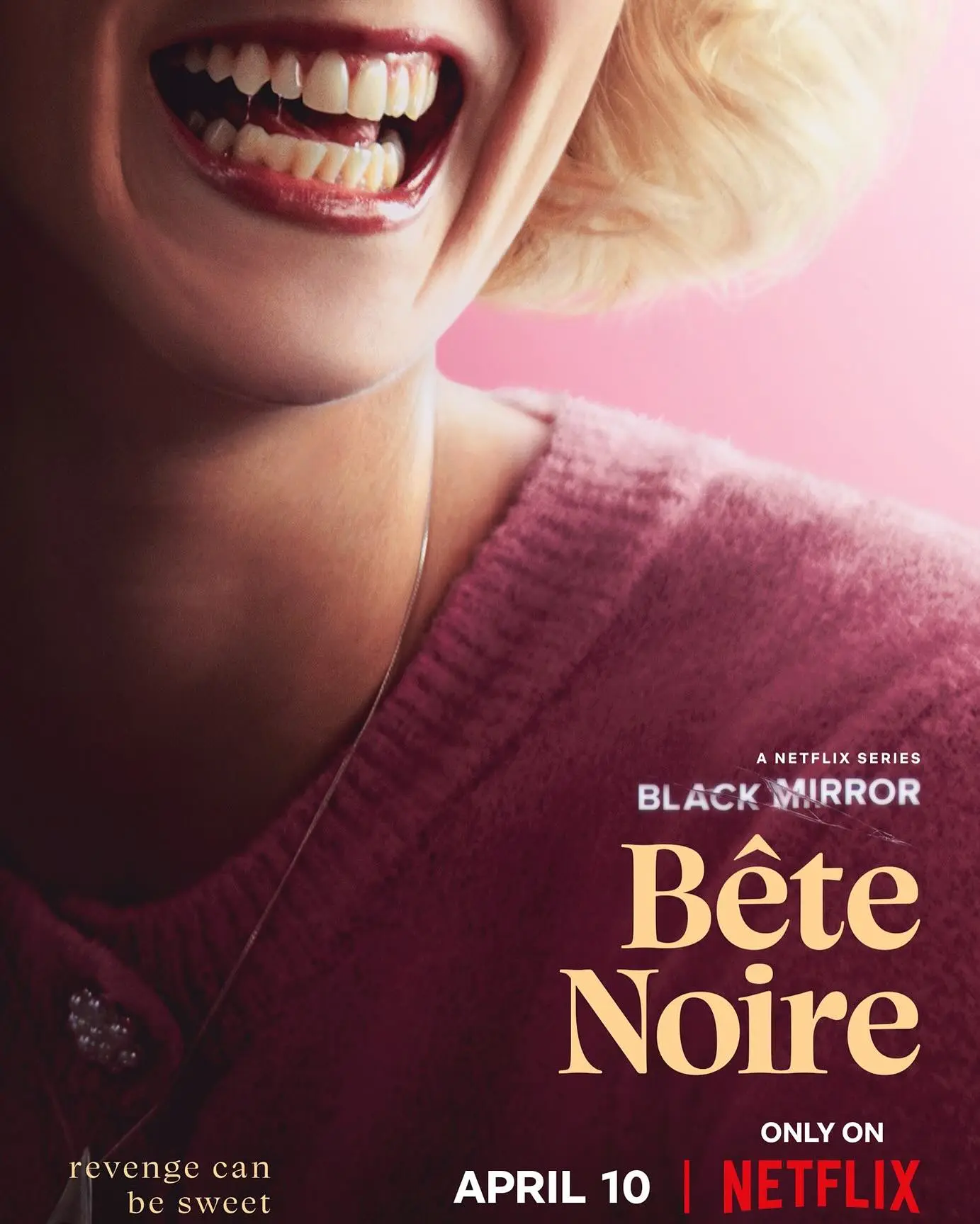 Intense promotional poster mockup showing a smiling woman with the tagline revenge can be sweet featuring Charlea typeface in use