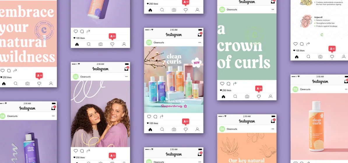 Grid of colorful Instagram post mockups for a hair care brand featuring Asikue font in use