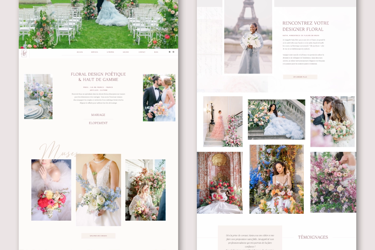 Comprehensive website branding layout for a luxury floral designer featuring San De More elegant serif font