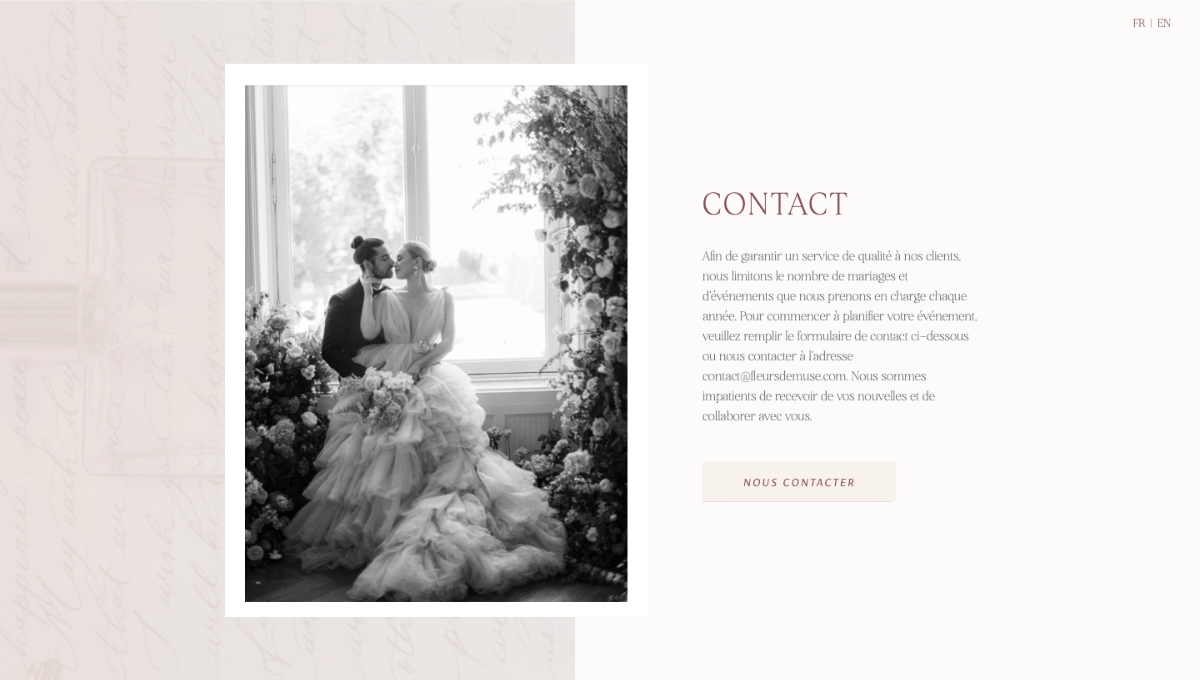 Clean and minimalist website contact page for a premium wedding florist featuring San De More elegant serif font