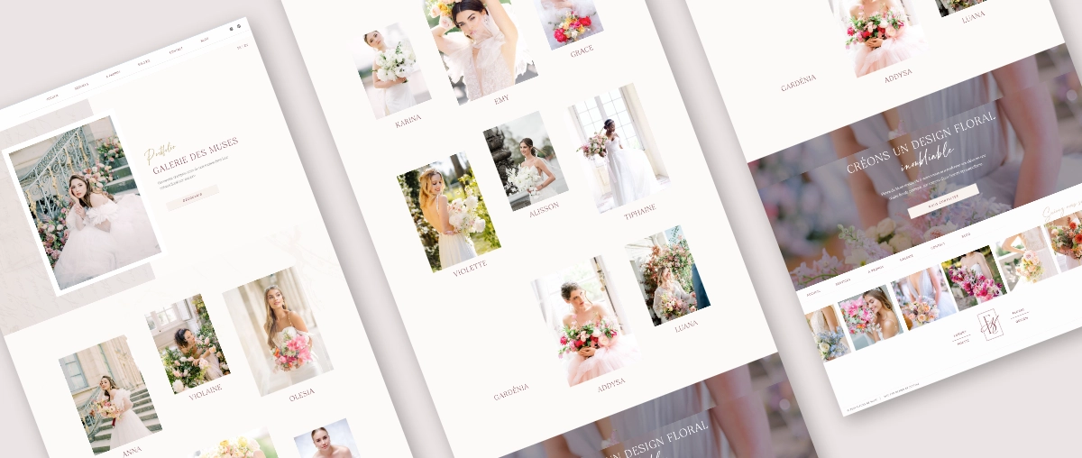 High-end portfolio gallery UI/UX design showcasing wedding photography and floral arrangements featuring San De More elegant serif font