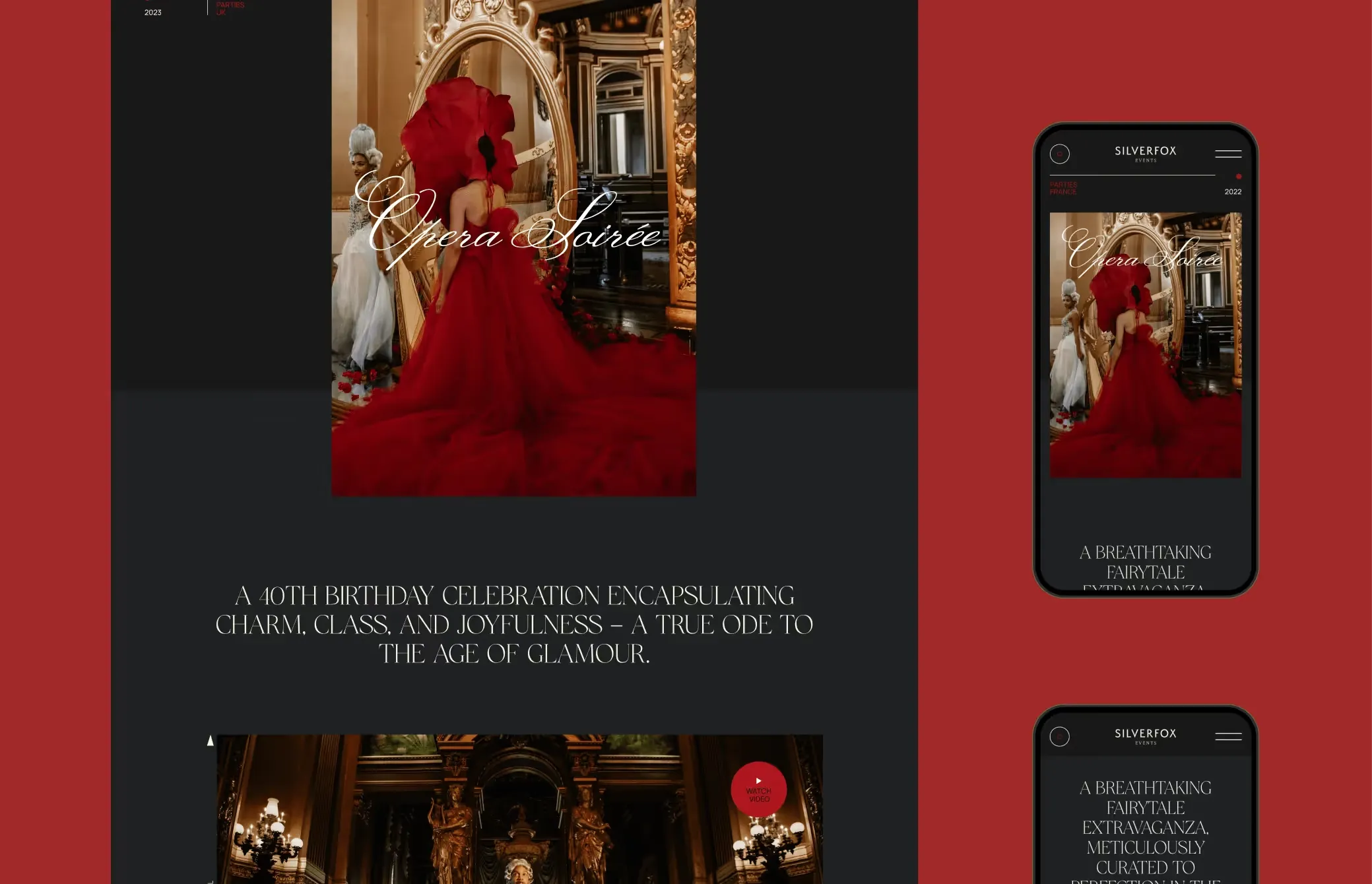 Sophisticated brand identity showcase for Silverfox Events featuring elegant typography on mobile and desktop layouts featuring San De More font in use