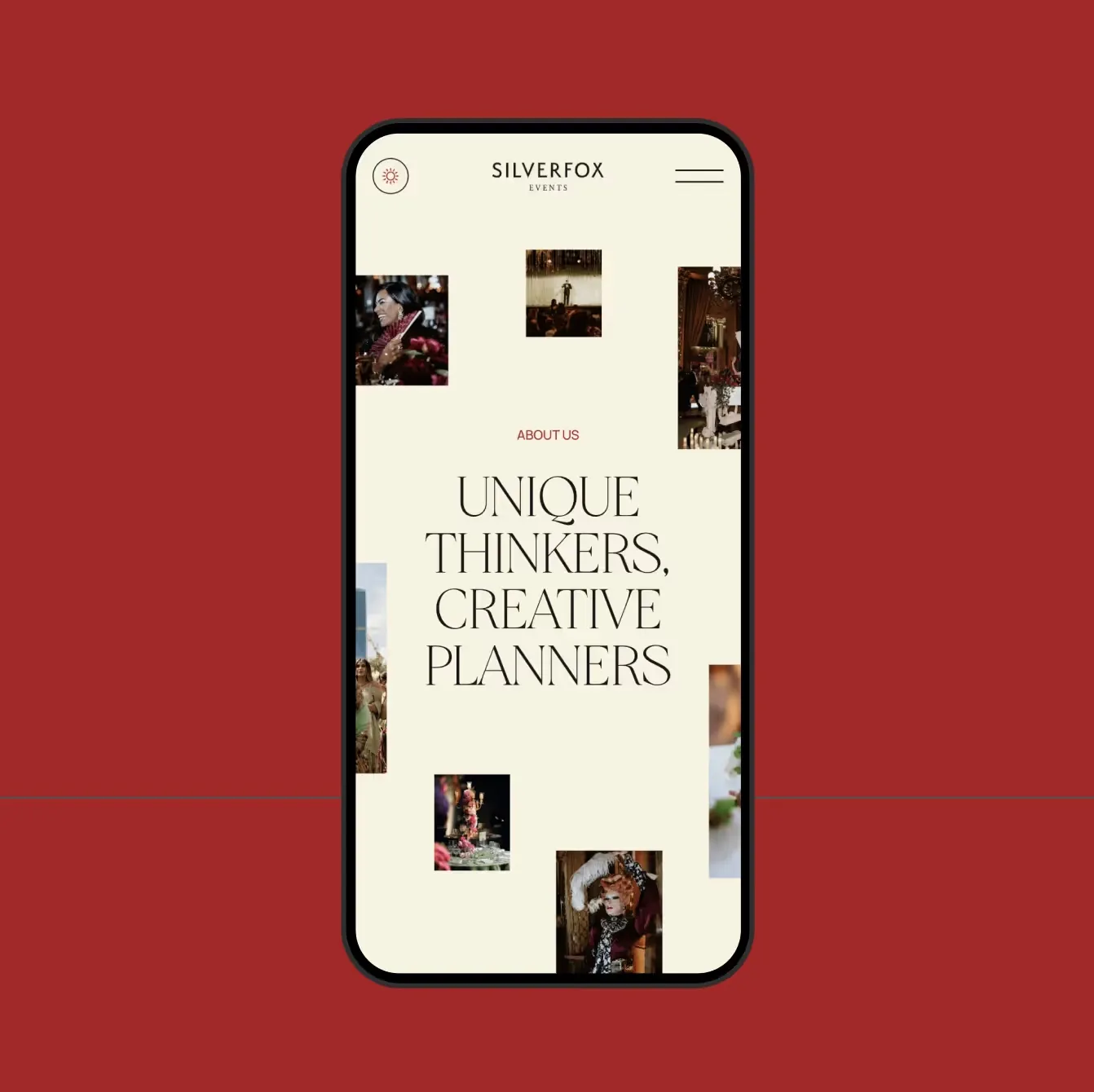 Minimalist mobile website interface for an event planner with a clean masonry gallery featuring San De More font in use