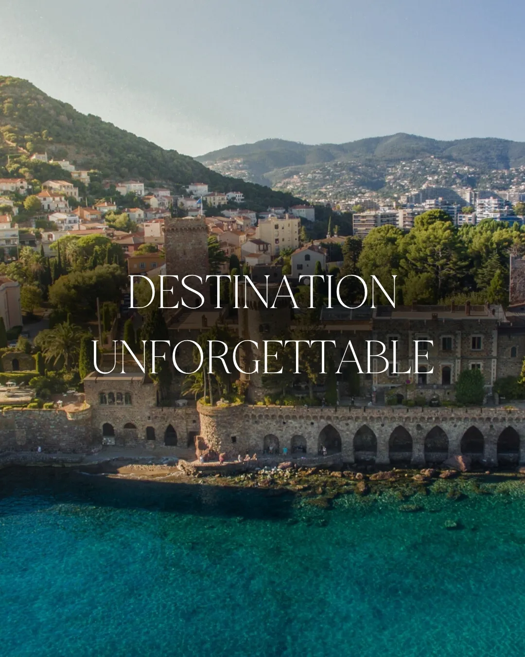 Breathtaking aerial view of a coastal luxury destination with bold serif title overlay featuring San De More font in use