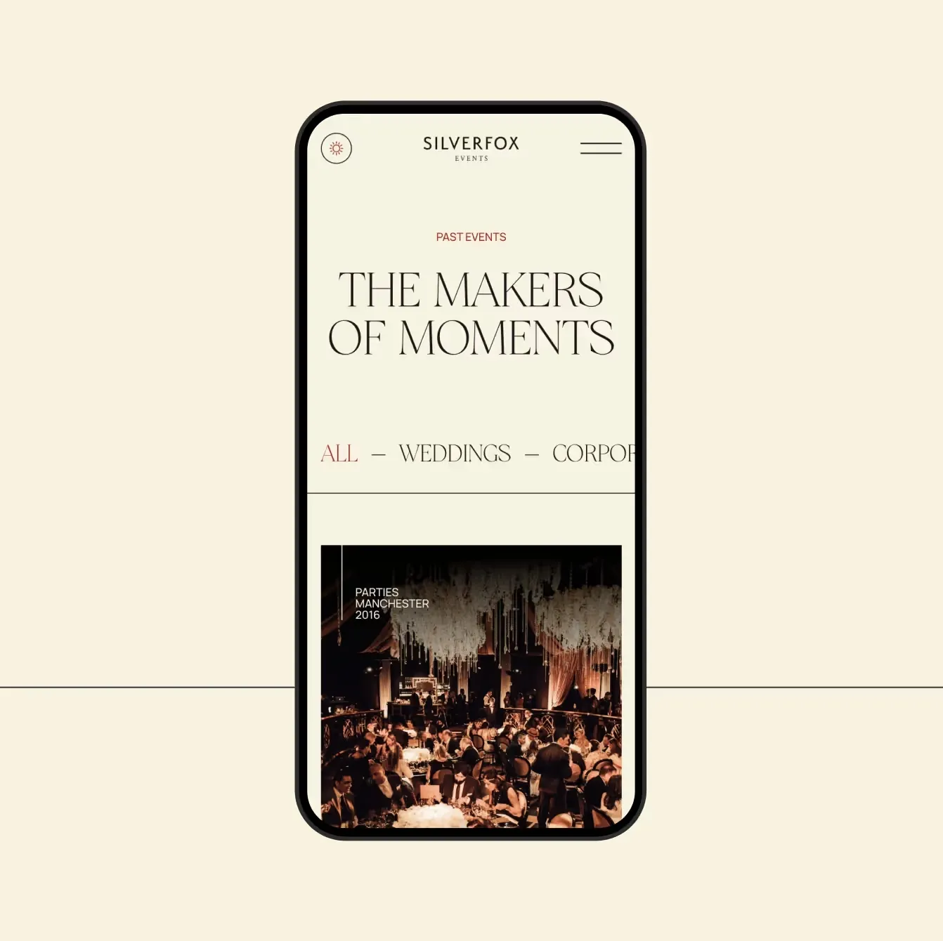 Mobile responsive UI/UX design for a luxury wedding agency showcasing past event portfolios featuring San De More font in use