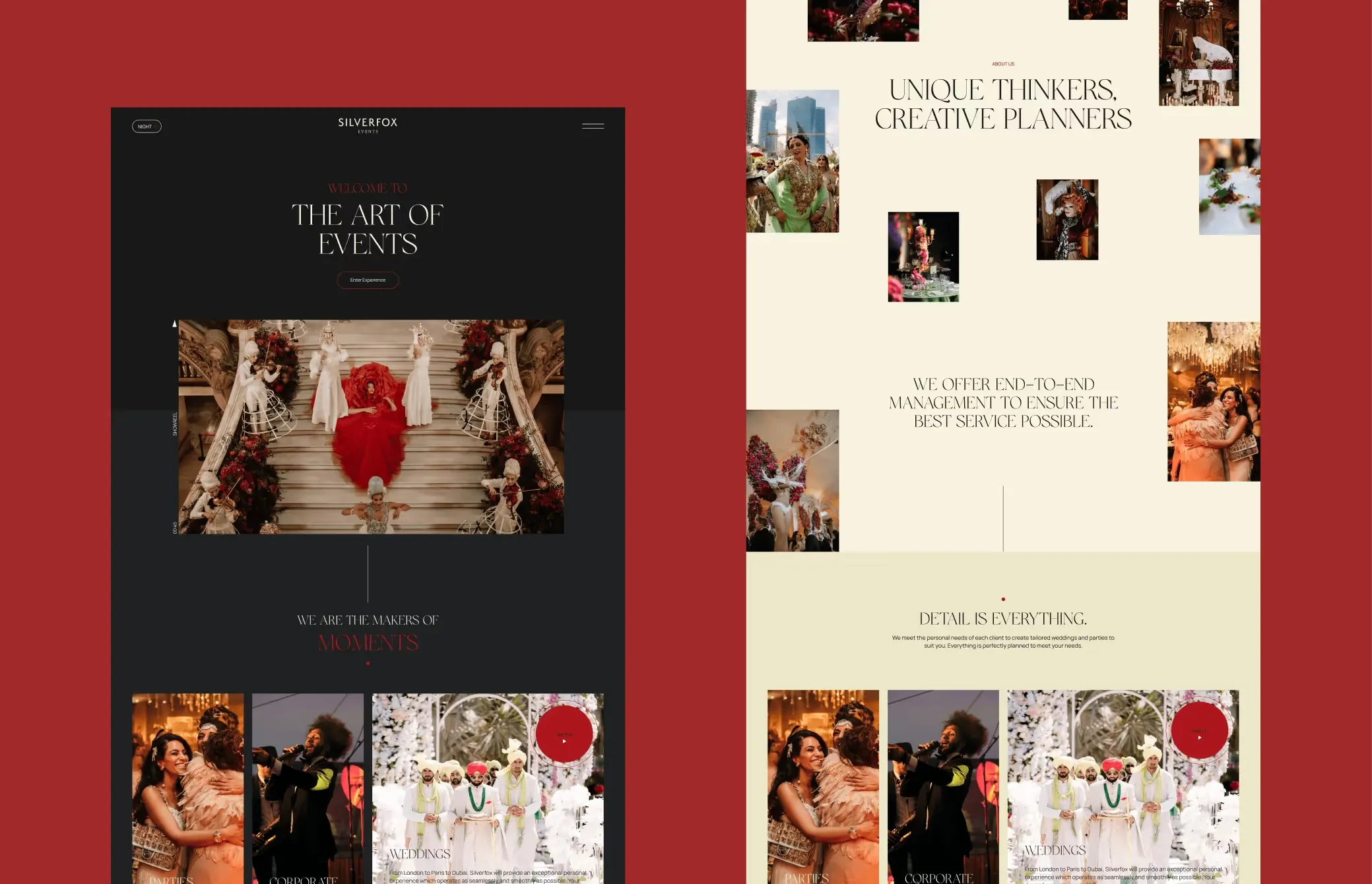 Full website layout design for a premium event agency using a dark and cream color palette featuring San De More font in use