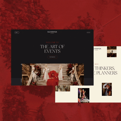 design for a premium event agency using a dark and cream color palette featuring San De More font in use