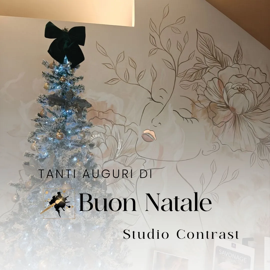 Christmas greeting graphic with a decorated tree and a delicate face line art mural featuring Ethereal font in use