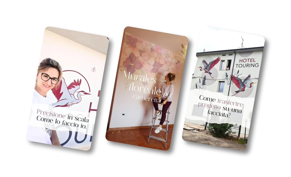 A collection of three Instagram story mockups showing mural painting tutorials and project showcases featuring Ethereal font in use