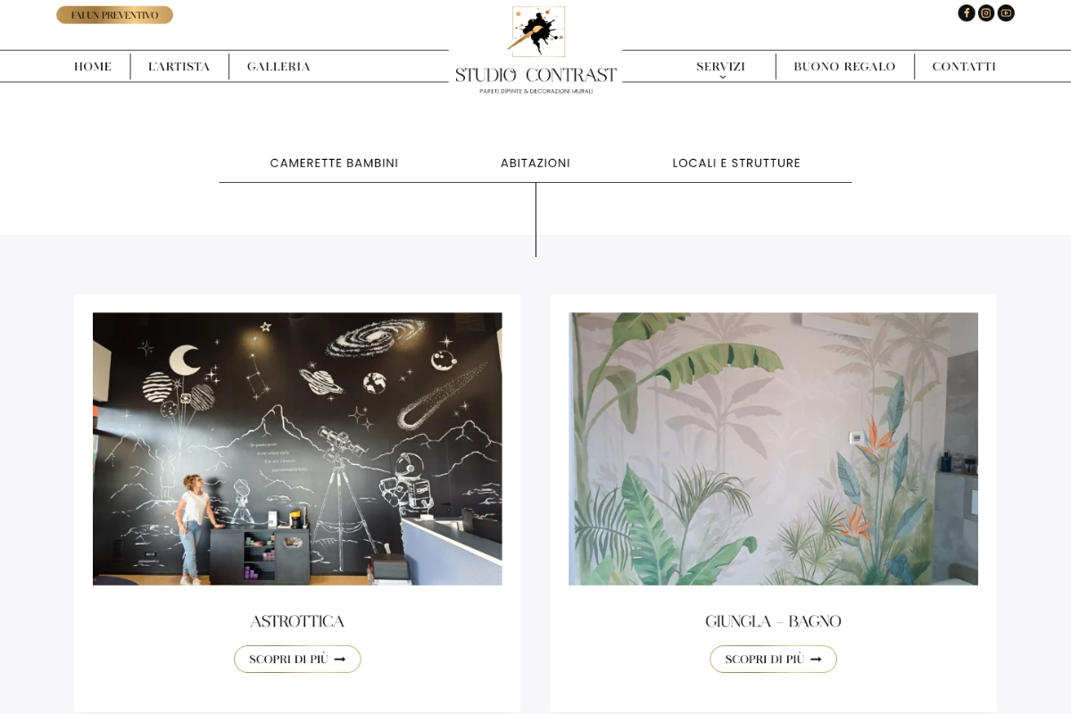 Elegant mural artist website homepage featuring different project categories and service links featuring Ethereal font in use