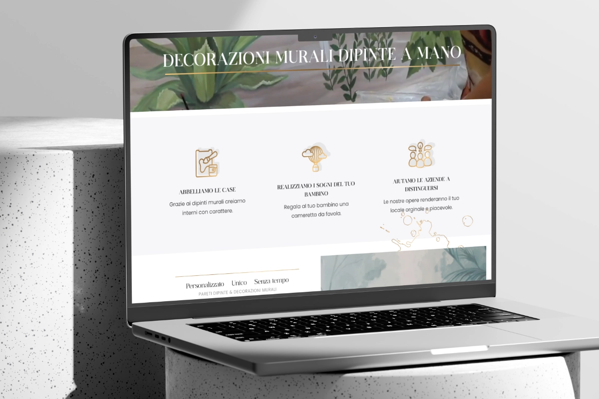 A clean laptop mockup displaying a mural design agency's services and core values featuring Ethereal font in use