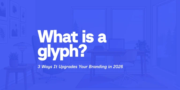 Article cover image featuring a blue workspace illustration background with the main text reading "What is a glyph? 3 Ways It Upgrades Your Branding in 2026"