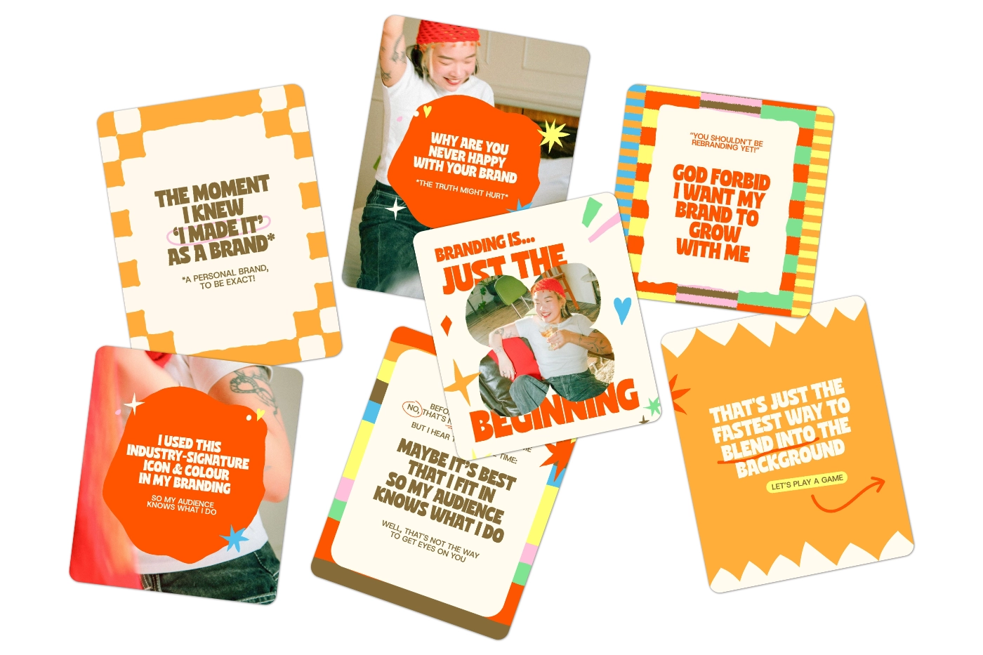 A collection of colorful branding quote cards for Merry Morning, featuring bold typography with the Cuanky font displaying phrases like "Branding is just the beginning" and "Why are you never happy with your brand".