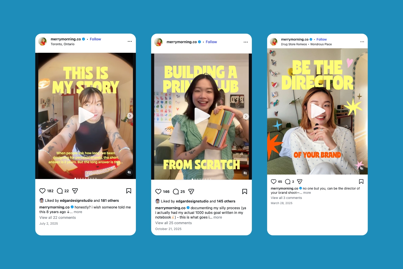 Three Instagram Reels cover frames from the Merry Morning account, utilizing the Cuanky font for bold, attention-grabbing video titles like "Building a print club from scratch".