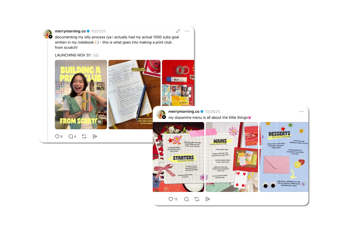 Two social media posts from the Merry Morning Threads account, showing behind-the-scenes content and a dopamine menu graphic that incorporates the Cuanky font.