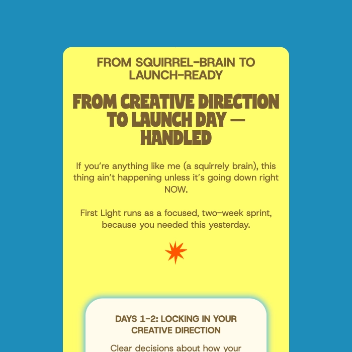 A website section from Merry Morning with a yellow background, featuring the Cuanky typeface for the heading "From creative direction to launch day — handled".