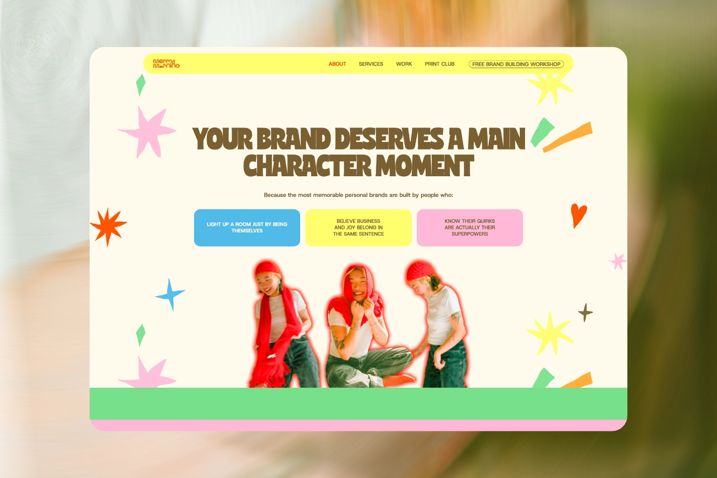 A desktop website section for Merry Morning featuring the Cuanky font in the bold heading "Your brand deserves a main character moment", accompanied by a photo of a smiling woman in a red hat.