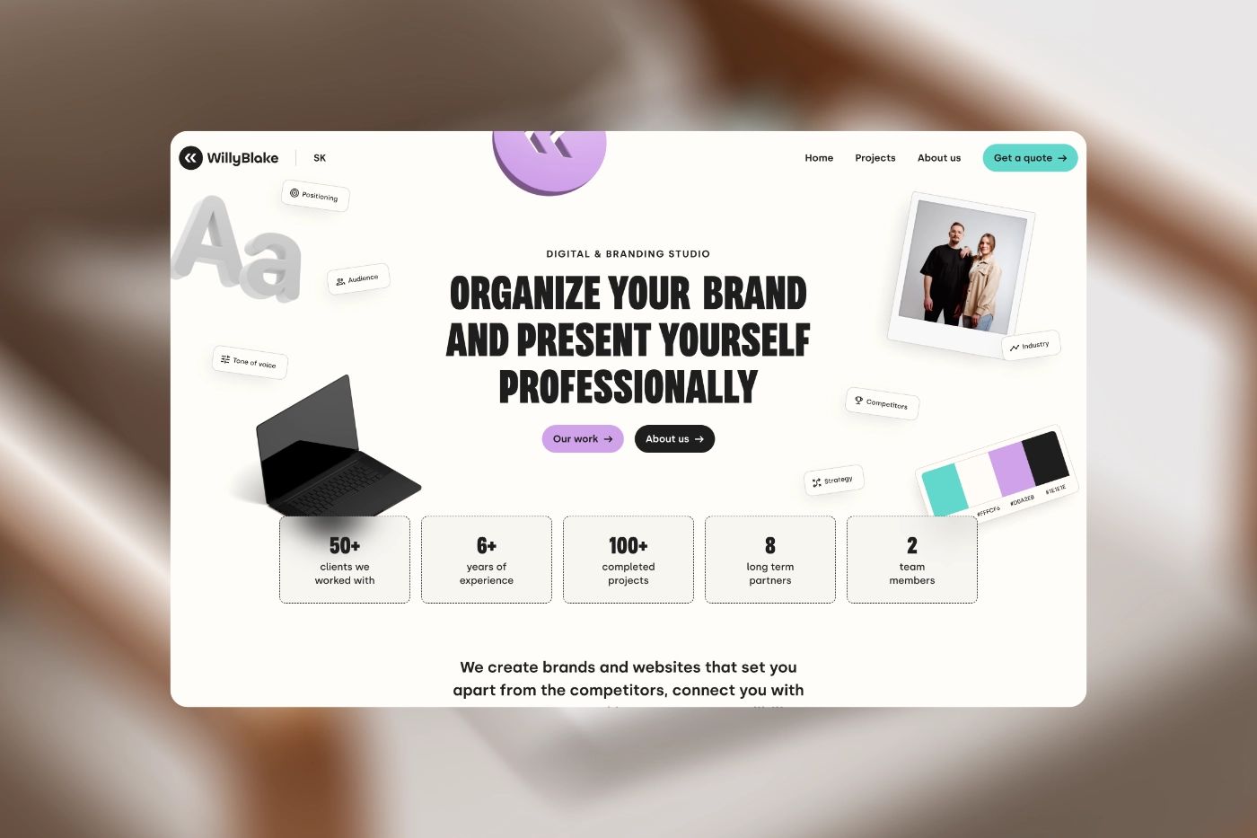 Desktop hero section of the WillyBlake digital and branding studio website, featuring the Variera font by Kereatype with typography elements and a sleek laptop mockup.