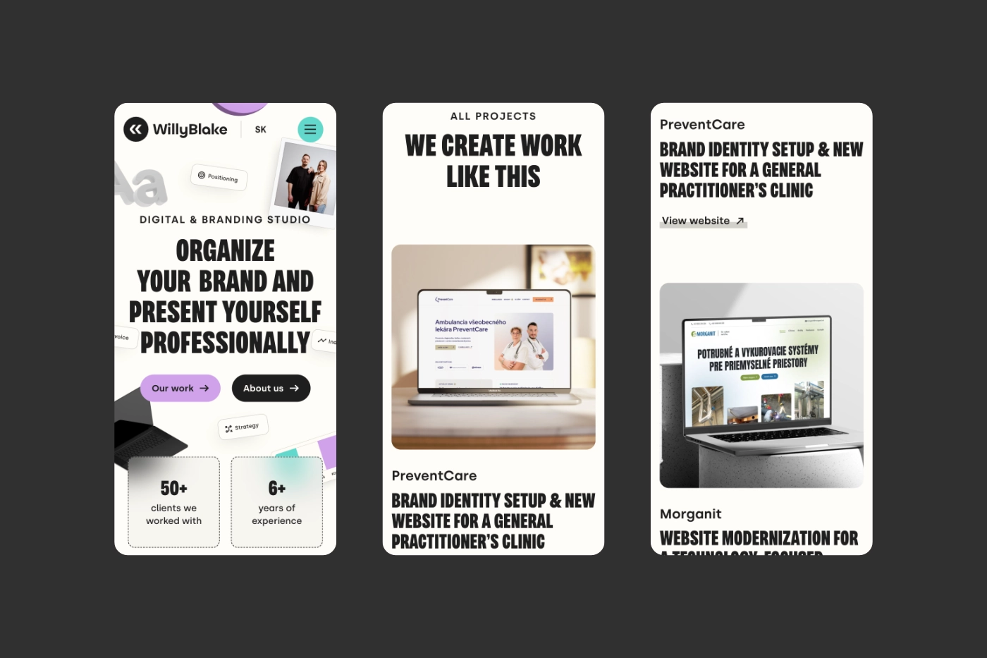 Three mobile UI screens of the WillyBlake website displaying responsive design layouts, project showcases, and the hero section utilizing the Variera font.
