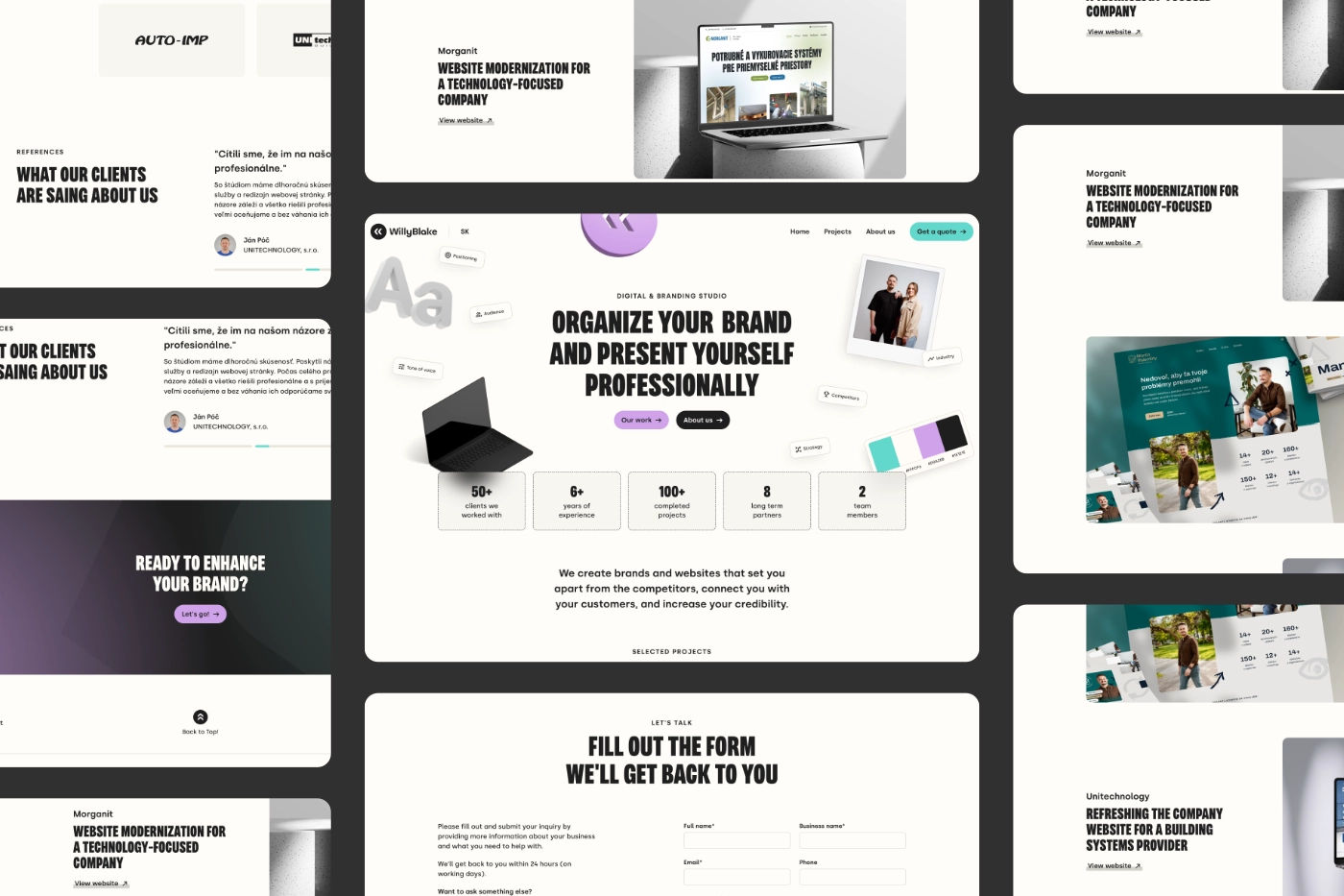 A collage of multiple UI/UX design screens from the WillyBlake website project, demonstrating the versatile use of the Variera font across different layouts, testimonials, and contact forms.